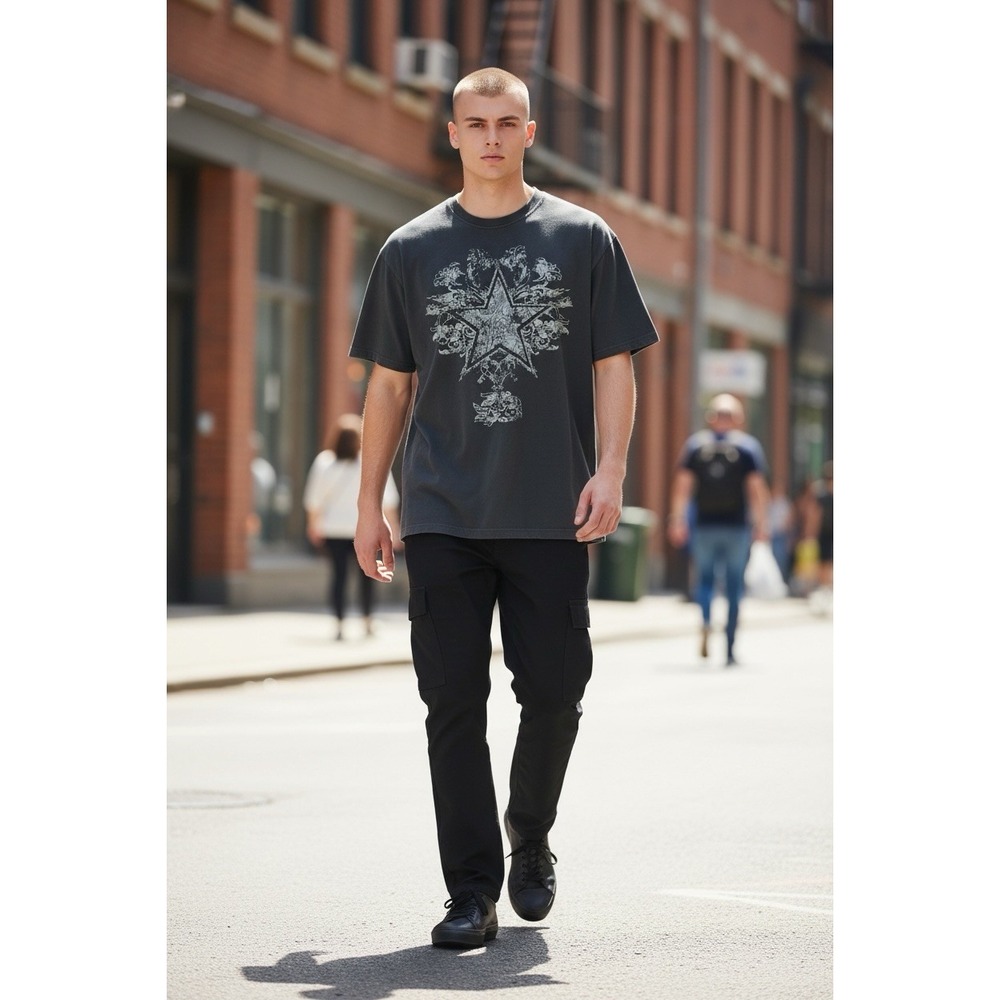 ROMWE Black Graphic Star Skull T-Shirt Men's Large Gothic Grunge Streetwear